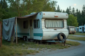 Ancien mobil home abandonné sur un emplacement de camping avec végétation envahissante et structure usée