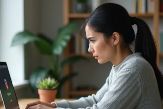 Femme frustrée devant un écran d'ordinateur affichant une erreur de connexion sur un portail en ligne