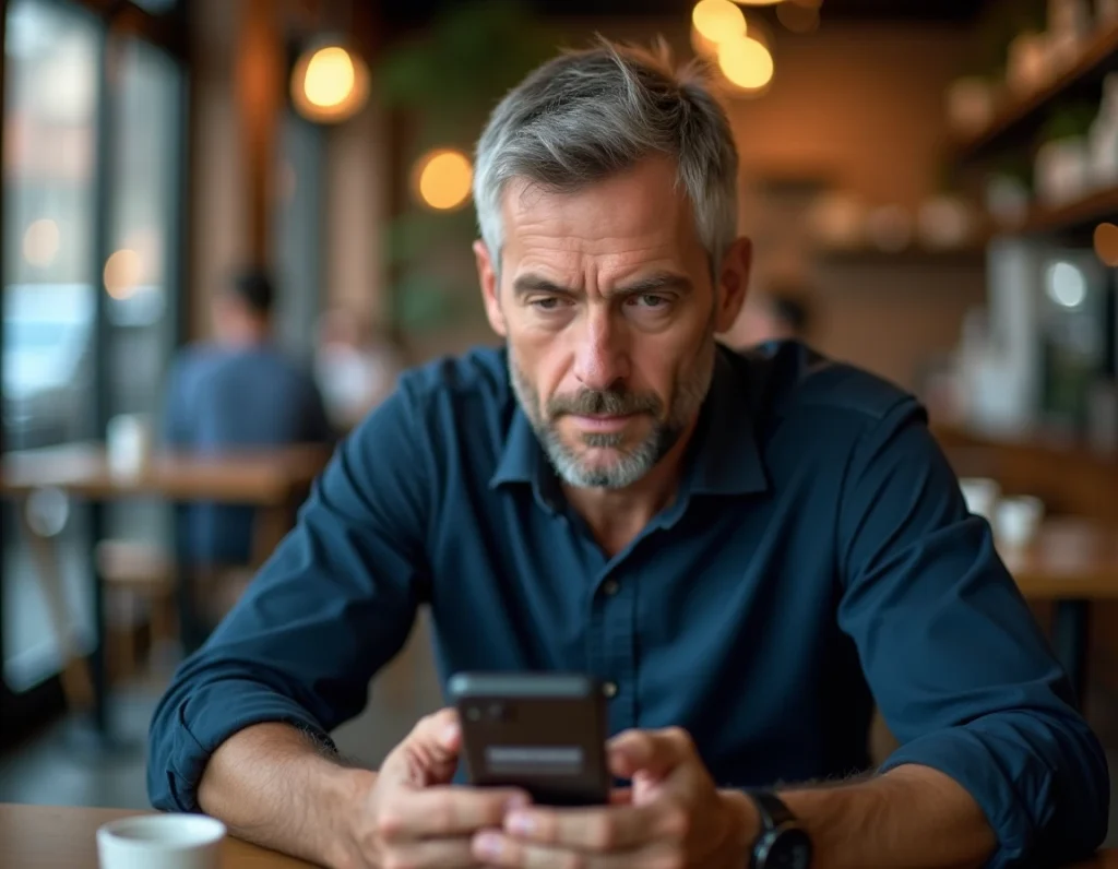 Homme consultant son smartphone avec une erreur de connexion à un portail client dans un café