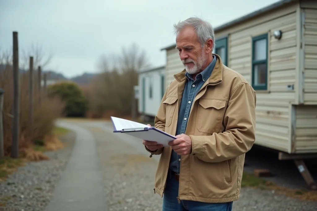 Gestionnaire de camping inspectant un mobil home avec documents de résiliation d'emplacement