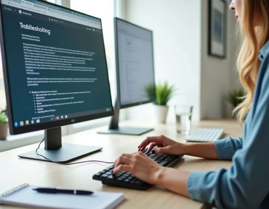 Mains sur un clavier devant un écran affichant des solutions pour résoudre un problème de connexion à un portail