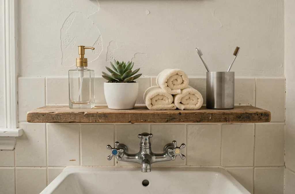 Accessoires de salle de bain abordables disposés sur une étagère en bois pour moderniser la décoration à moindre coût