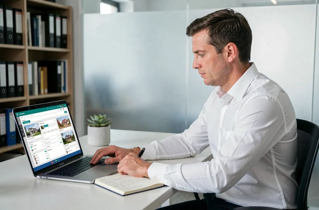 Agent immobilier IAD en auto-formation sur un logiciel CRM immobilier à son bureau