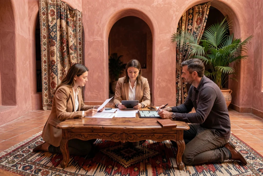 Agent immobilier présentant des documents de vente d'un riad à des acheteurs potentiels dans un salon marocain traditionnel