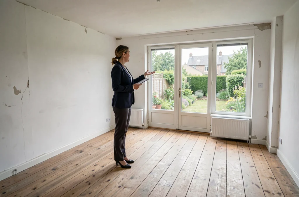 Agent immobilière présentant un salon vide lors d'une visite de maison à vendre rapidement en Bretagne