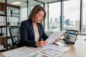 Professionnelle de l'immobilier analysant des documents contractuels dans un bureau moderne d'une entreprise de logement