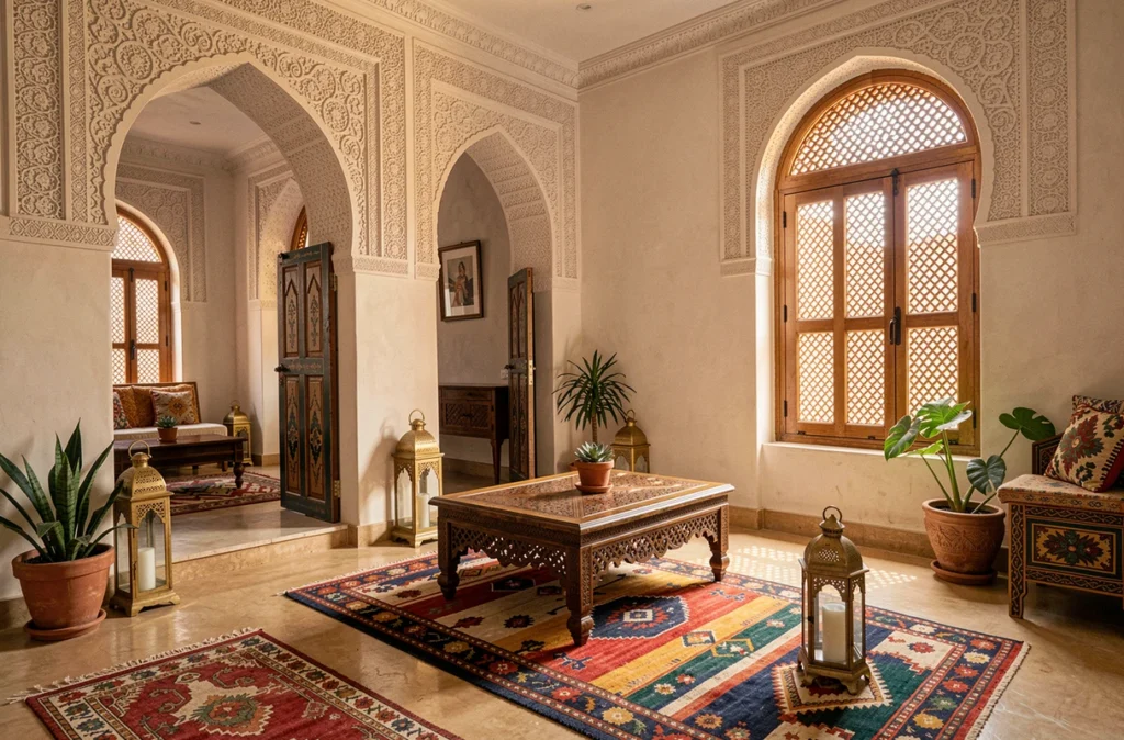 Intérieur d'un appartement marocain décoré et meublé pour la location courte durée à Marrakech