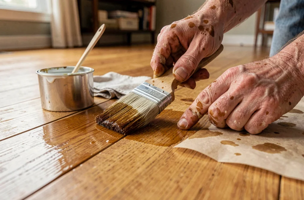 Application de vernis sur un parquet en chêne poncé lors de la dernière étape de rénovation