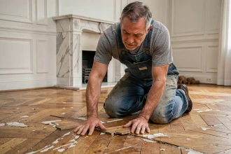 Artisan inspectant un parquet en chêne abîmé dans un appartement haussmannien avant rénovation