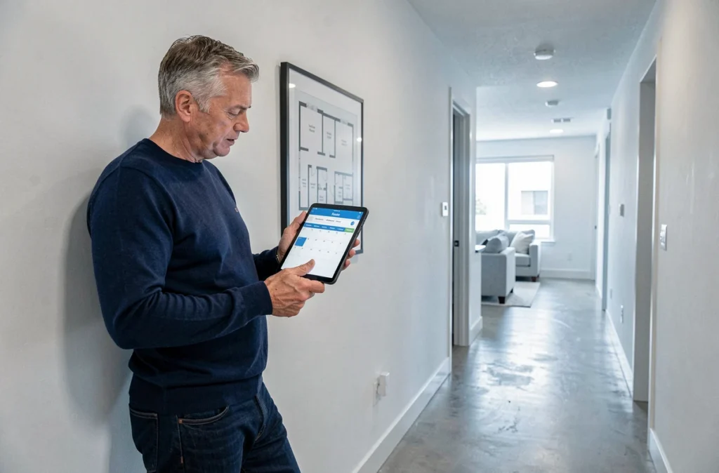 Propriétaire bailleur consultant un planning de location sur tablette dans un couloir d'appartement