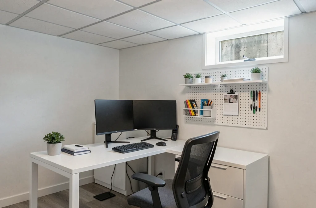 Bureau aménagé dans un sous-sol fini avec plafond acoustique, double écran et fenêtre d'aération
