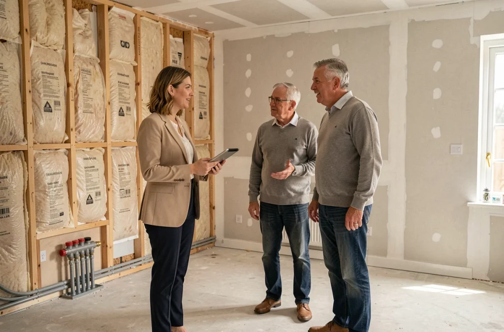 Conseillère en rénovation énergétique discutant du projet d'installation d'une pompe à chaleur avec des propriétaires dans un intérieur en cours de rénovation