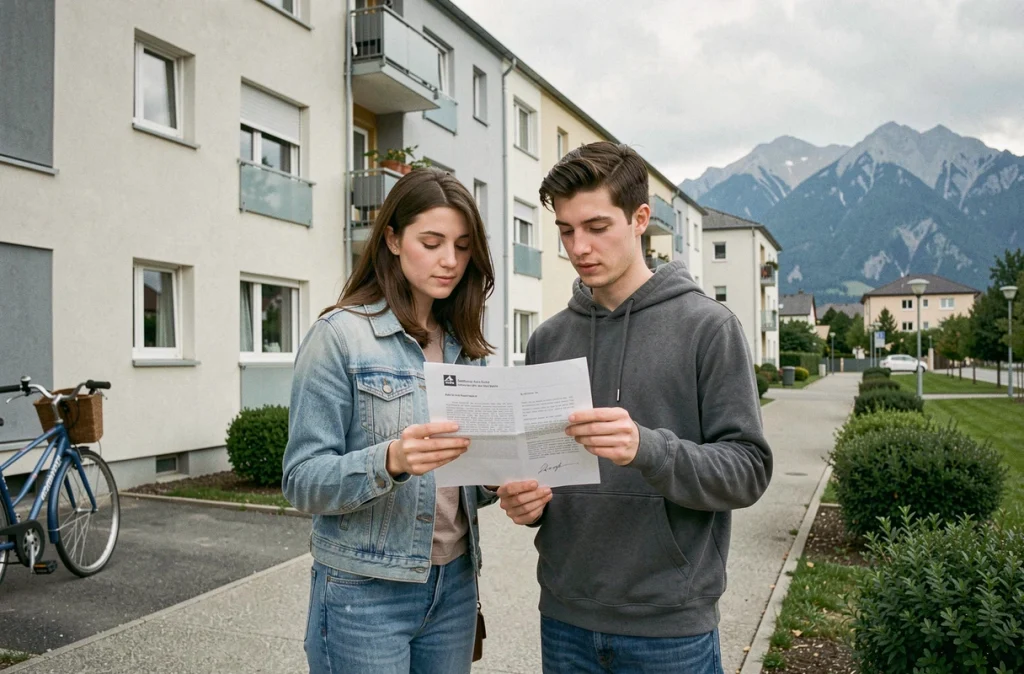 Jeune couple consultant une lettre d'attribution de logement devant une résidence HLM à Cluses