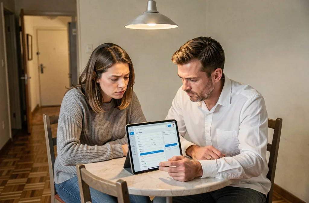 Couple consultant un dossier de location en ligne sur tablette, discutant des pièces justificatives requises pour éviter les erreurs dans une demande In li