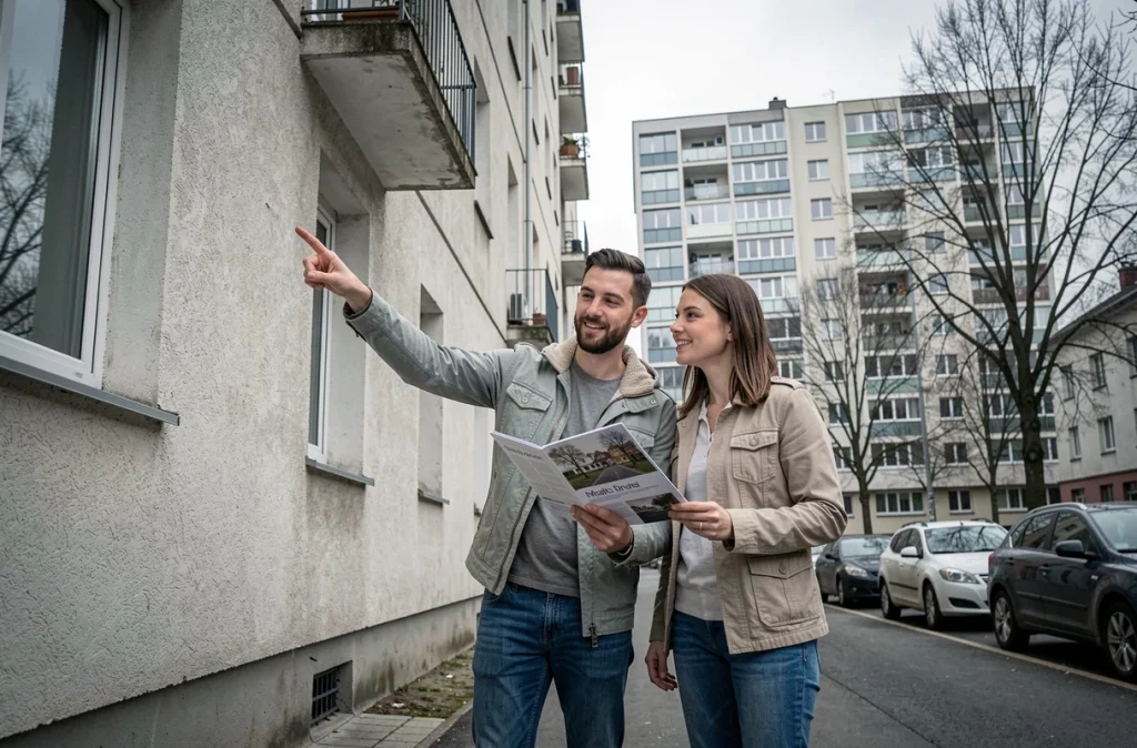 Couple évaluant la qualité d'un immeuble résidentiel proposé par une société immobilière en milieu urbain