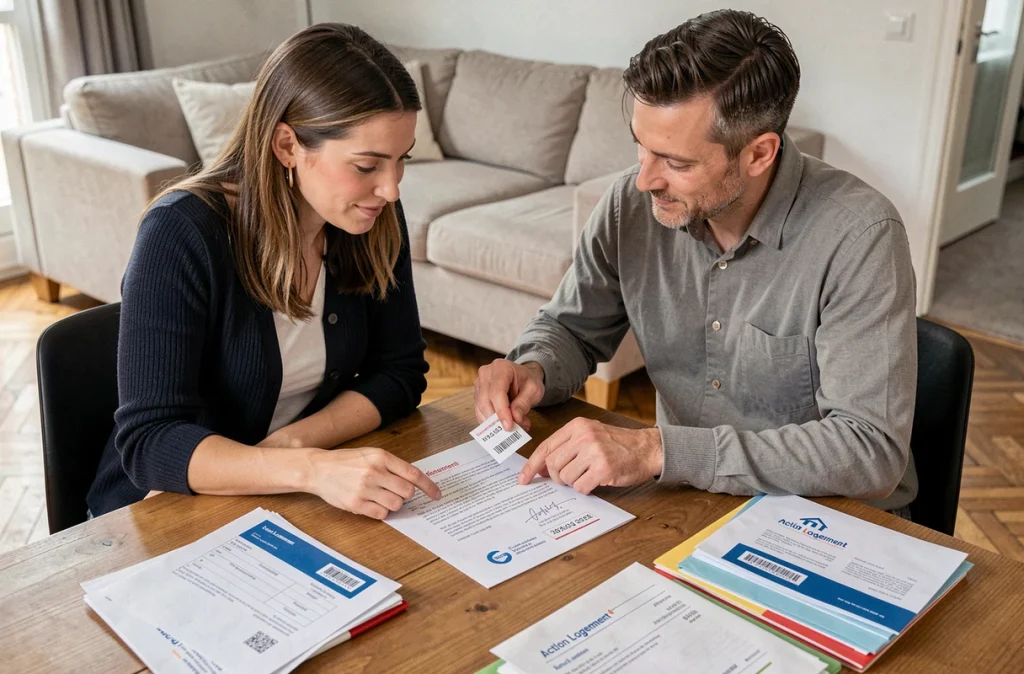 Couple consultant une lettre officielle Action Logement pour identifier le numéro ALIN logement