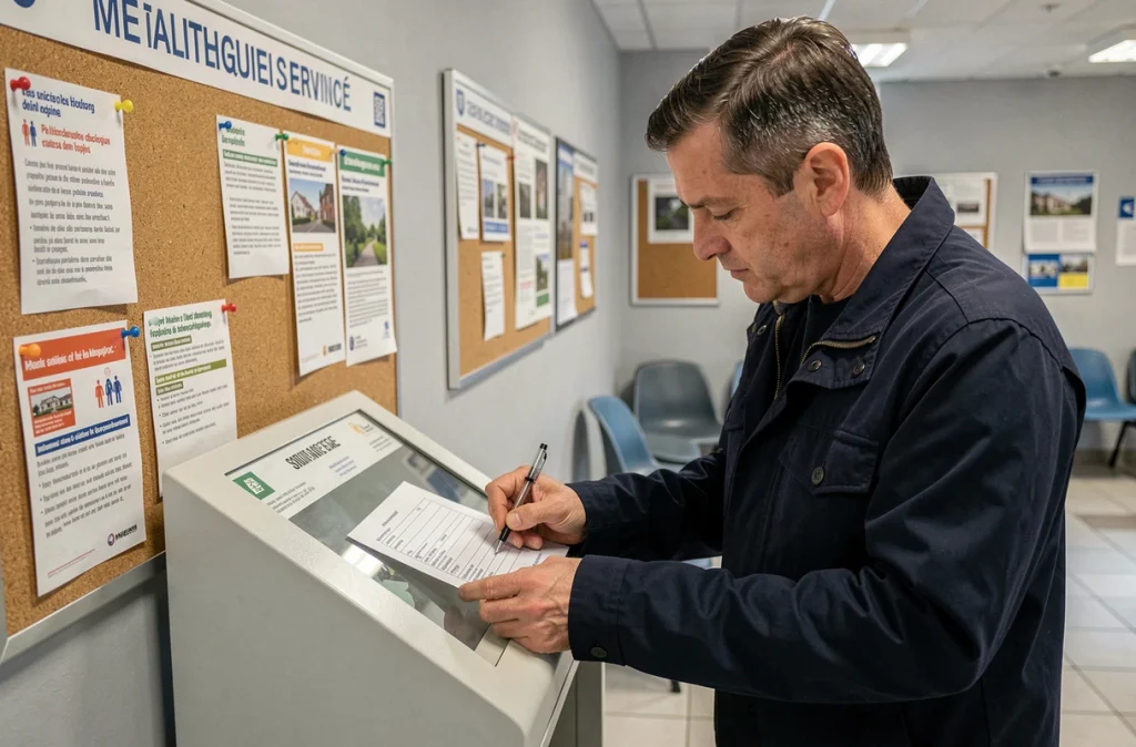 Homme remplissant un dossier de demande de logement social dans une mairie de Cluses