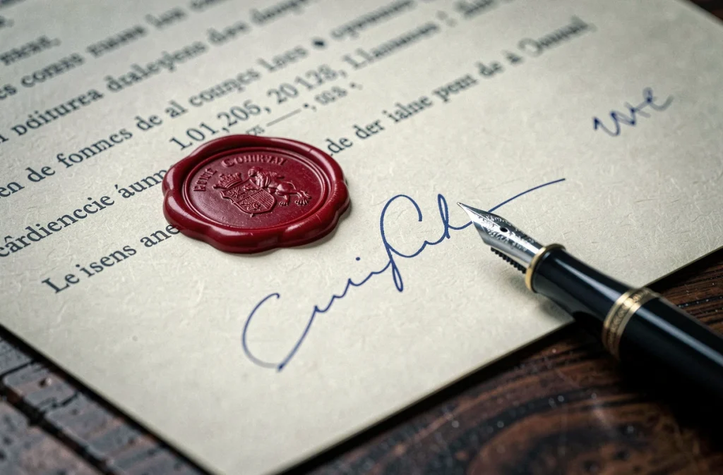 Détail d'un acte notarié avec cachet en cire rouge et signature sur document officiel d'achat immobilier