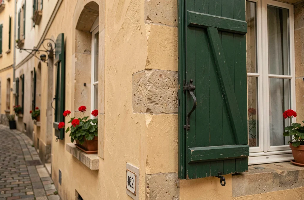 Détail d'une façade traditionnelle française repeinte en ocre avec volet en bois vert et pierre apparente
