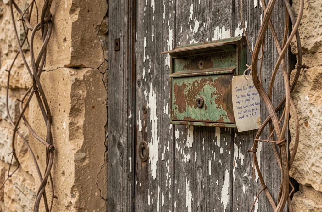 Détail de porte en bois vieilli d'un mas provençal abandonné avec boîte aux lettres oxydée, indice visuel pour repérer une maison à donner en PACA