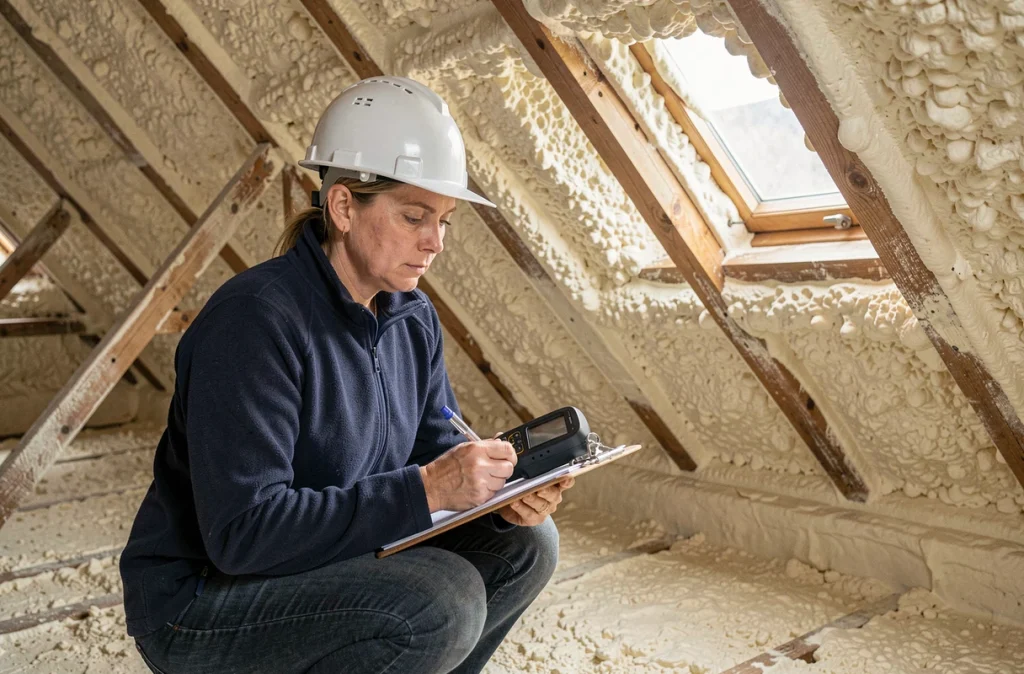 Consultante en énergie mesurant l'efficacité de l'isolation en mousse polyuréthane sous les combles d'une maison suisse
