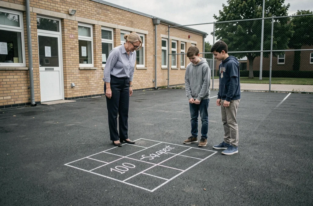 Une enseignante explique la notion d'are et de mètre carré à des élèves dans une cour d'école