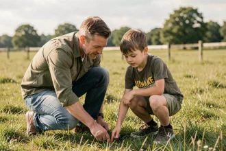 Un adulte explique la mesure d'une surface en ares à un enfant dans un grand champ herbeux