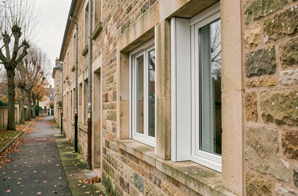 Façade en pierre d'une maison ancienne avec deux nouvelles fenêtres en PVC blanc installées pour optimiser l'isolation thermique
