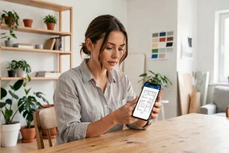Femme utilisant une application mobile de planification d'aménagement intérieur dans un salon style scandinave