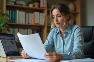 Femme consultant des documents de demande de logement social à son bureau
