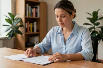 Femme consultant ses documents Action Logement pour trouver son numéro ALIN sur son bureau à domicile