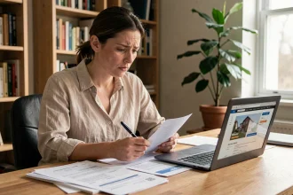 Femme vérifiant un dossier de location avec des documents administratifs étalés sur un bureau en bois, illustrant les erreurs fréquentes dans un dossier logement In li