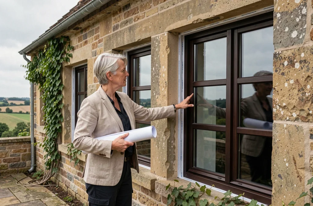 Architecte présentant des fenêtres à triple vitrage en bois installées sur la façade en pierre d'une maison ancienne rénovée selon les normes écologiques