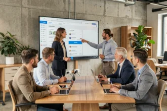 Équipe immobilière en formation sur le logiciel Playiad IAD dans un bureau moderne et collaboratif