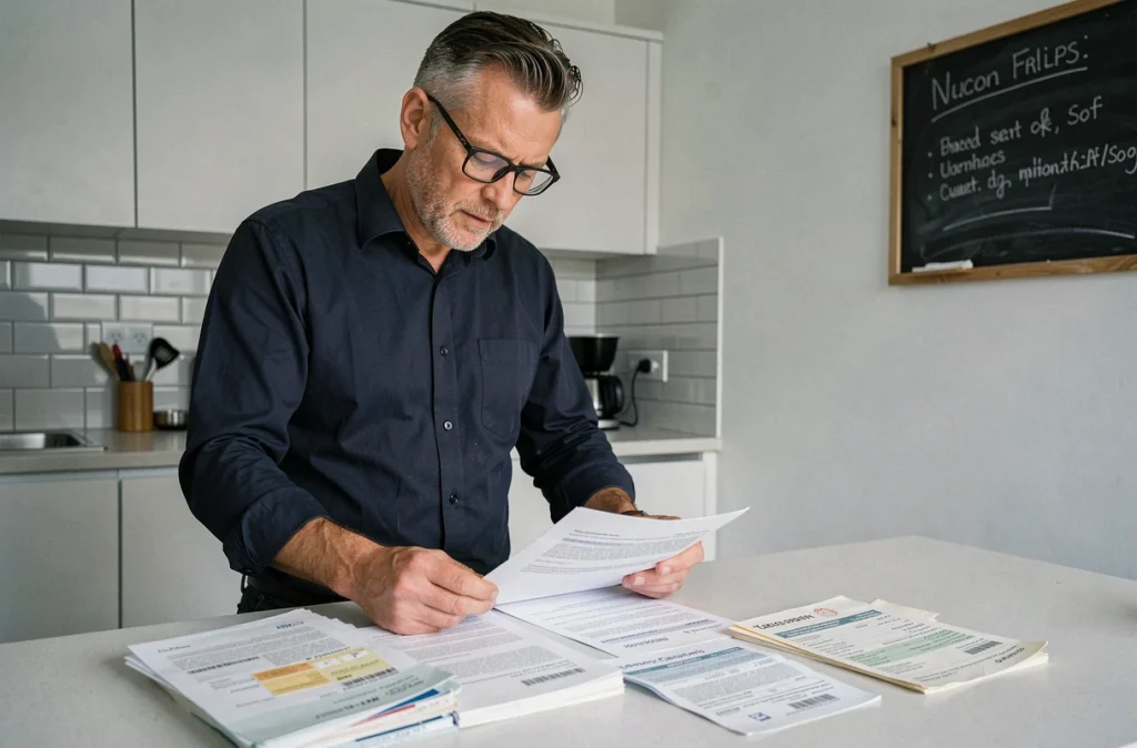 Homme comparant des documents administratifs comme fiches de paie et avis d'imposition pour constituer un dossier de logement conforme à In li