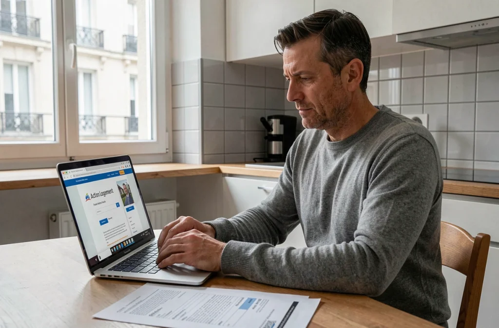 Homme recherchant son numéro ALIN Action Logement sur le portail en ligne depuis sa cuisine