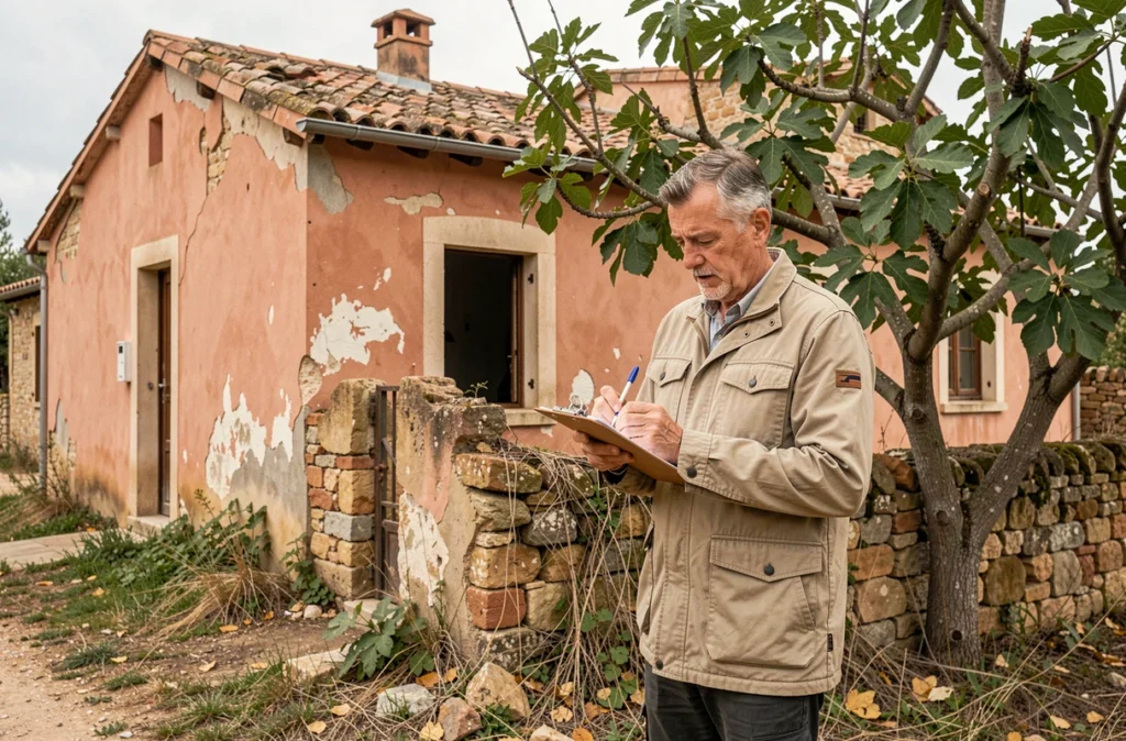 Homme inspectant une villa abandonnée dans le Var, prenant des notes sur terrain pour identifier un bien immobilier à donner en PACA