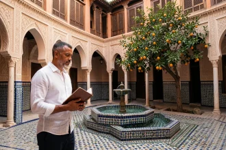 Investisseur examinant la cour intérieure d'un riad traditionnel à Marrakech avec fontaine en zellige et orangers