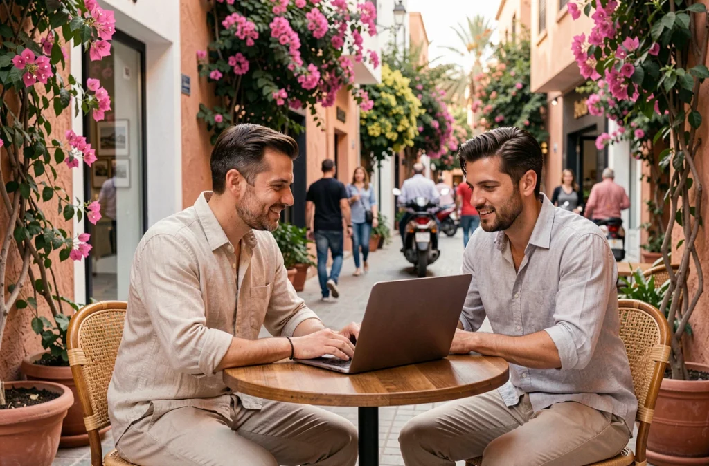 Couple d'investisseurs étrangers consultant des annonces immobilières à Marrakech pour un achat en vue de la location saisonnière