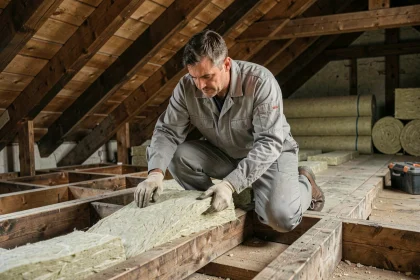 Artisan posant des rouleaux de laine minérale sur le plancher d'un grenier en bois d'un chalet suisse lors de travaux d'isolation thermique