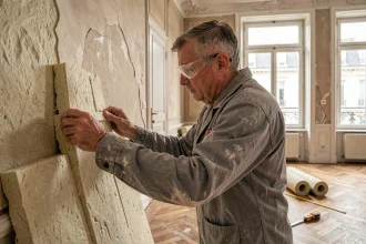 Artisan posant des panneaux d'isolation thermique sur le mur intérieur d'un appartement ancien de style haussmannien