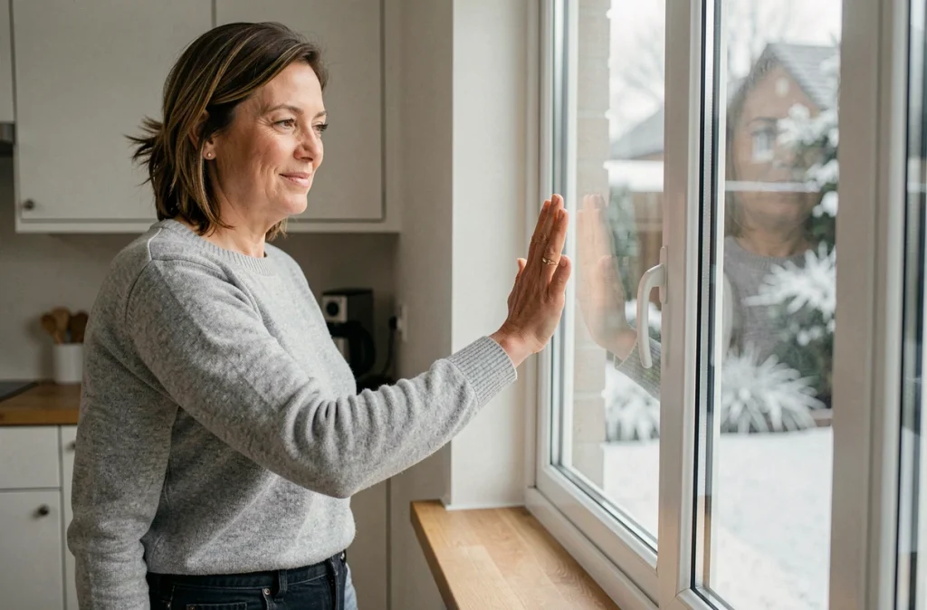 Femme testant l'isolation thermique d'une nouvelle fenêtre à triple vitrage installée dans une cuisine moderne