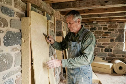 Artisan installant une isolation thermique en laine minérale dans les murs en pierre d'une maison ancienne lors d'une rénovation écologique