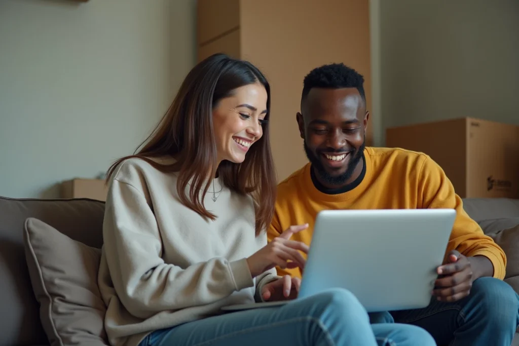 Jeune couple consultant la plateforme Alin sur un ordinateur pour trouver un logement social