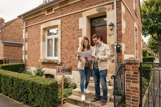 Couple de primo-accédants devant une maison à vendre à Beauvais avec panneau immobilier