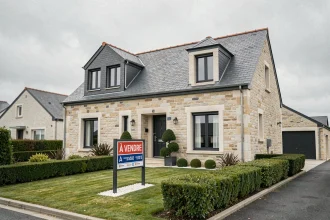 Maison à vendre en Finistère avec panneau immobilier dans le jardin, façade en pierre bretonne et toiture ardoise