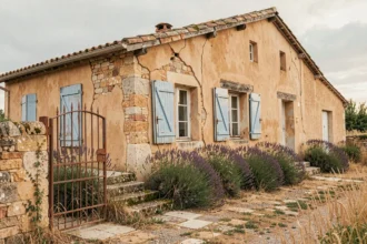 Maison abandonnée en pierre en Provence avec volets bleus délabrés et végétation envahissante, typique des biens à donner en PACA