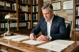 Notaire apposant son cachet officiel sur un acte de vente immobilière dans un bureau classique à Limoges