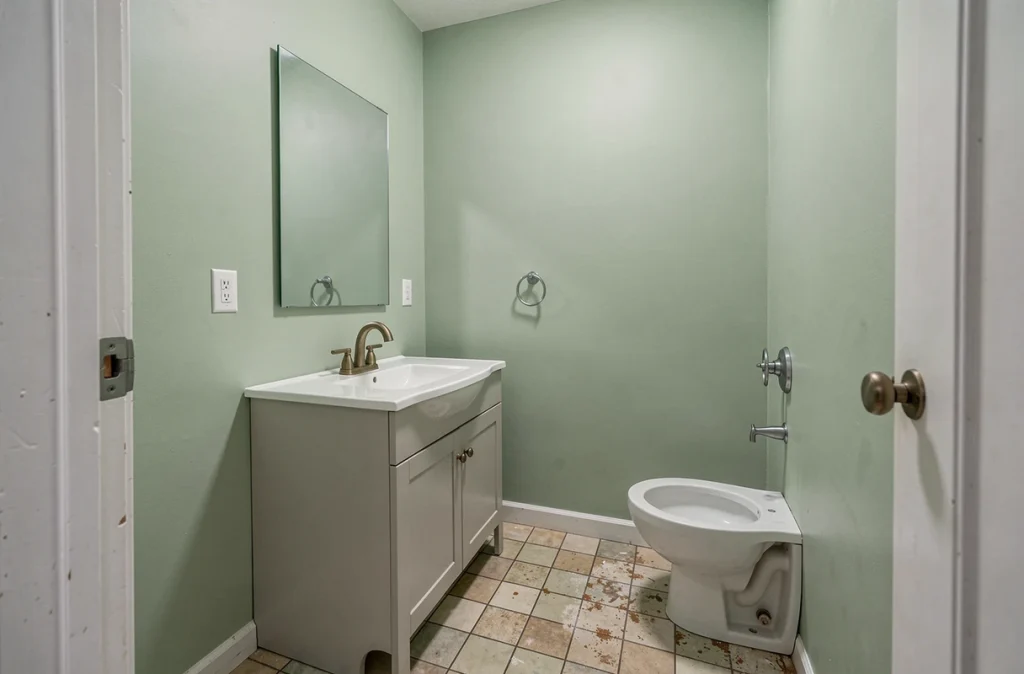 Petite salle de bain en cours de modernisation avec peinture vert sauge, nouveau miroir et robinetterie dorée à prix réduit