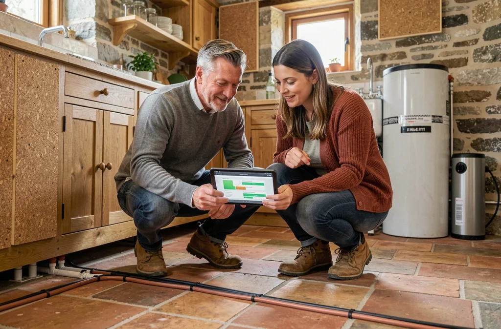 Couple inspectant un système de plancher chauffant sous des carreaux en terre cuite dans une cuisine de maison ancienne rénovée de façon écologique